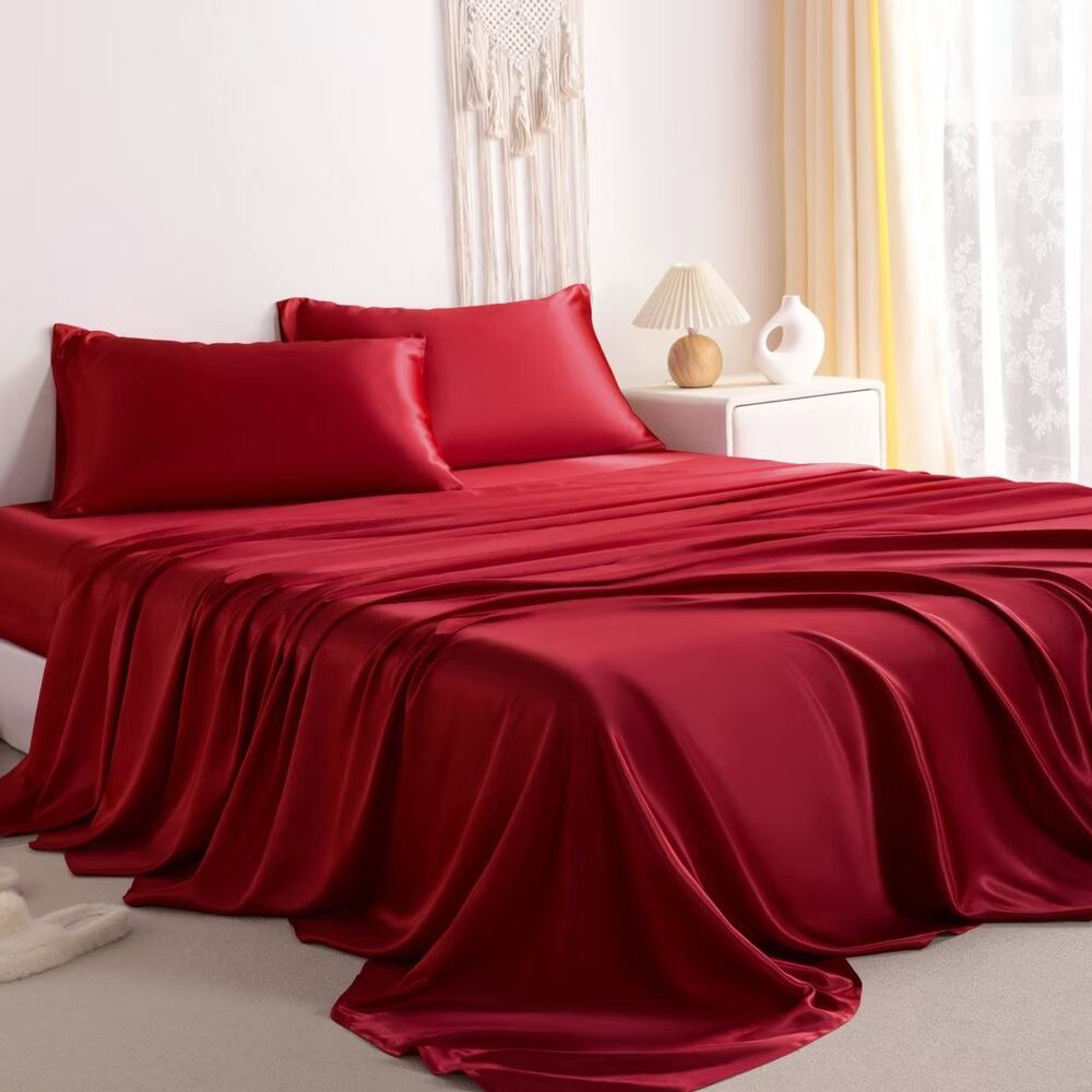 4 Pieces Satin Bed Sheet Set, Silky Cooling Soft Sheet Set, King, Wine Red